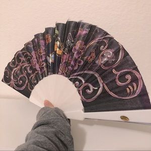 Dark Purple Handheld Folding Fan w/ Butterflies & Flowers